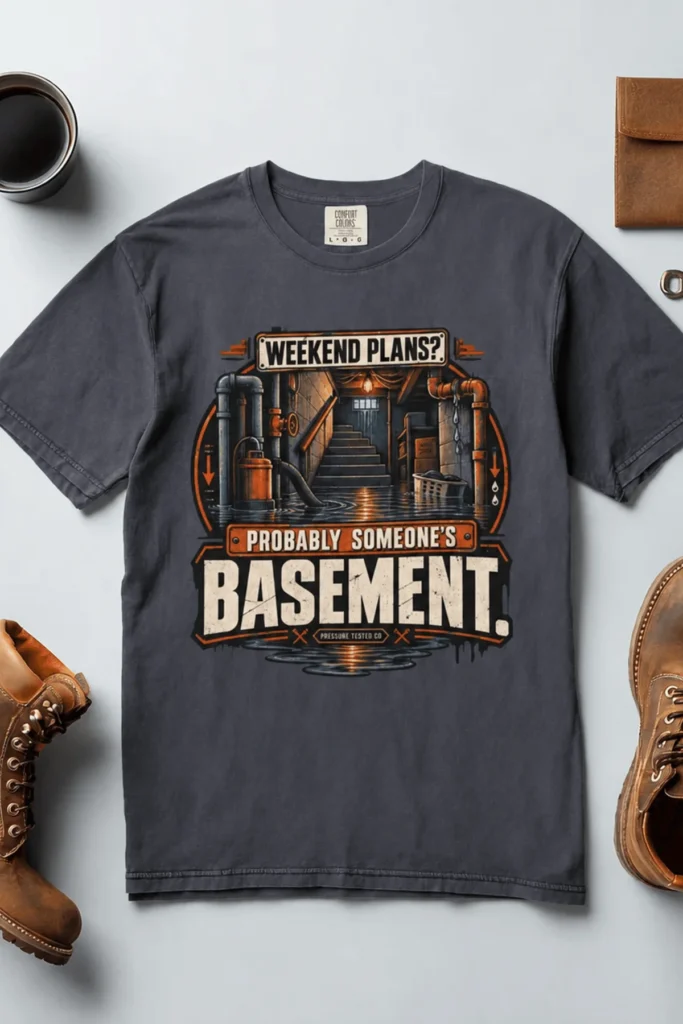 Plumber T‑Shirt – "Weekend Plans? Probably Someone's Basement" Vintage Graphic Design Tee — navy t-shirt, flat-lay product photo | Pressure Tested Co