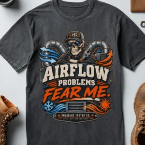 Airflow Problems Fear Me T-Shirt — HVAC Technician Skull Logo Tee — navy t-shirt, flat-lay product photo | Pressure Tested Co
