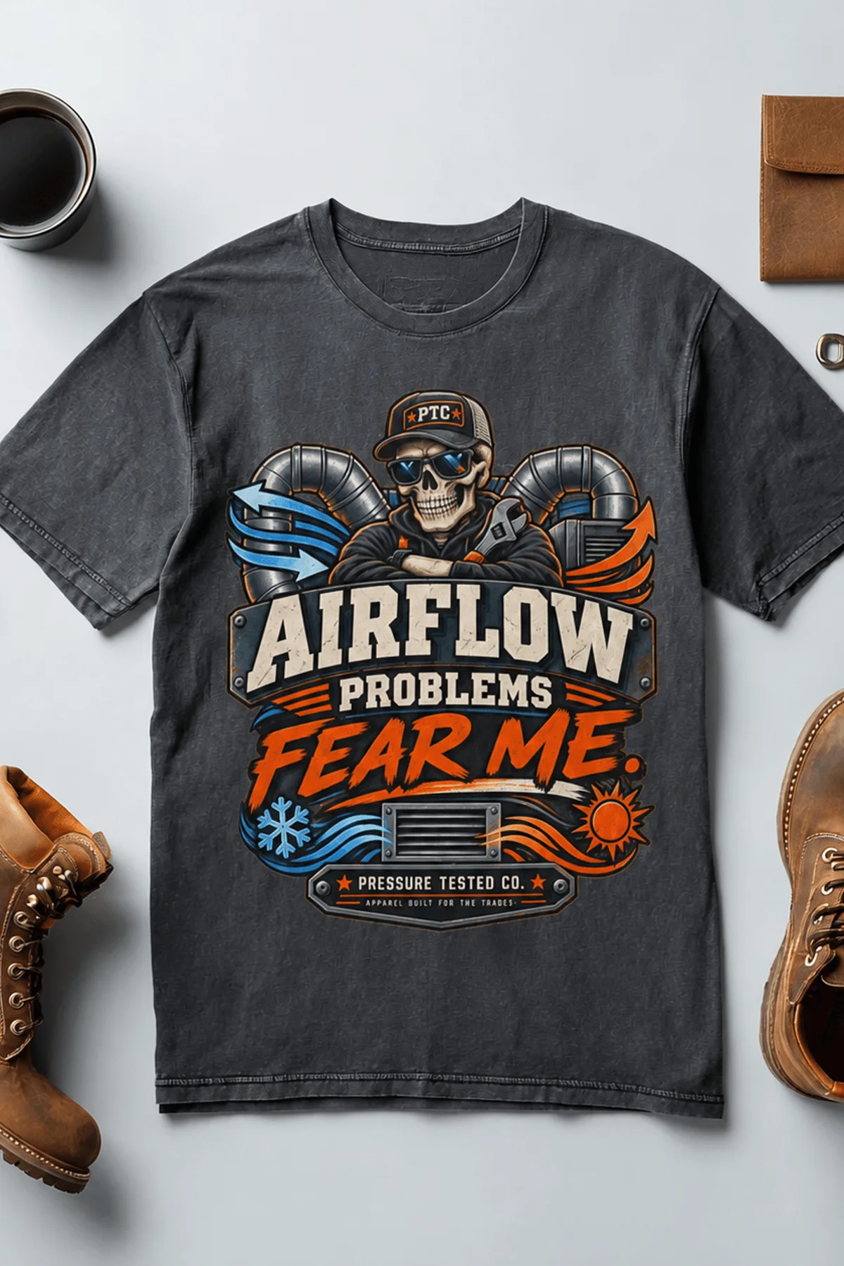 Airflow Problems Fear Me T-Shirt — HVAC Technician Skull Logo Tee — navy t-shirt, flat-lay product photo | Pressure Tested Co