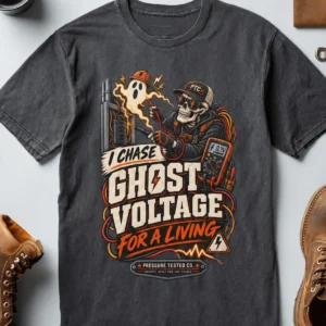 Ghost Voltage T-Shirt — 'I Chase Ghost Voltage for a Living' Vintage Electrician Tee — navy t-shirt, flat-lay product photo | Pressure Tested Co