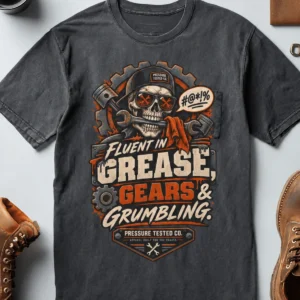 Mechanic Skull T-Shirt — "Fluent in Grease, Gears and Grumbling" Graphic Tee — navy t-shirt, flat-lay product photo | Pressure Tested Co