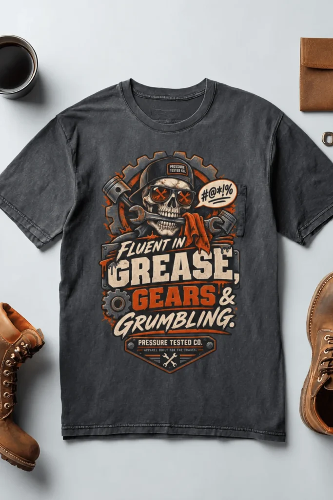 Mechanic Skull T-Shirt — "Fluent in Grease, Gears and Grumbling" Graphic Tee — navy t-shirt, flat-lay product photo | Pressure Tested Co