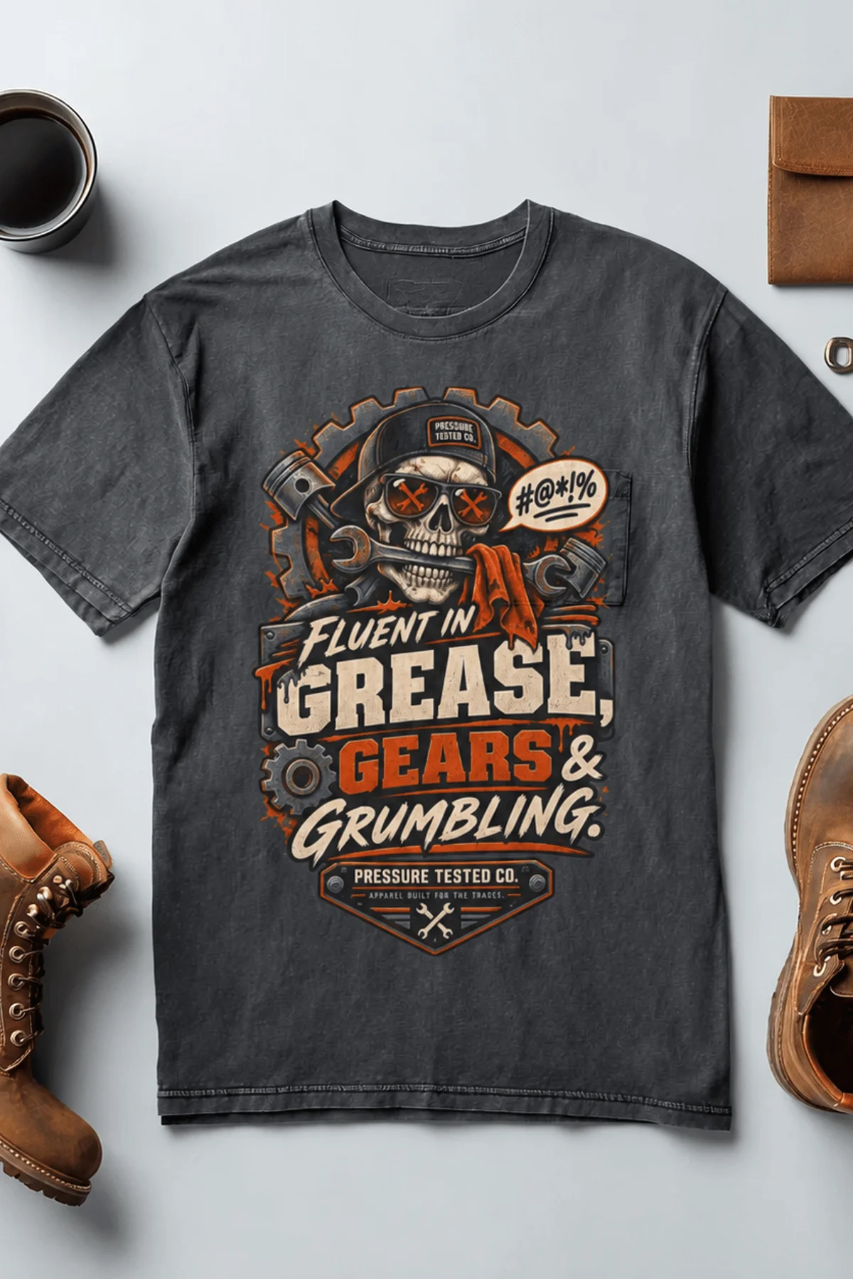 Mechanic Skull T-Shirt — "Fluent in Grease, Gears and Grumbling" Graphic Tee — navy t-shirt, flat-lay product photo | Pressure Tested Co