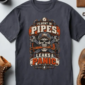 Plumber Skull T-Shirt — "Fluent in Pipes, Leaks and Panic" Workwear Tee — navy t-shirt, flat-lay product photo | Pressure Tested Co