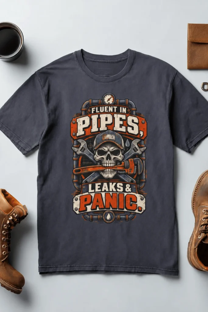 Plumber Skull T-Shirt — "Fluent in Pipes, Leaks and Panic" Workwear Tee — navy t-shirt, flat-lay product photo | Pressure Tested Co