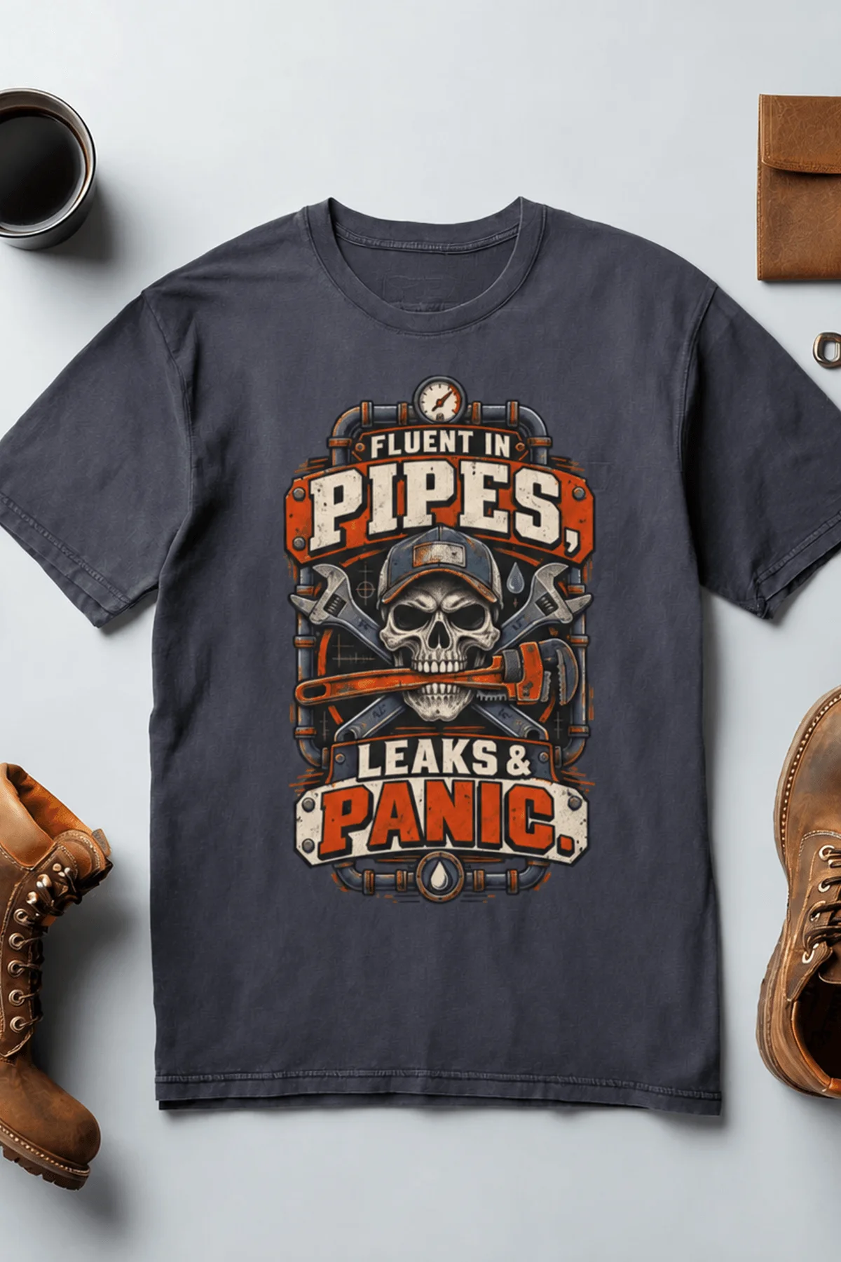 Plumber Skull T-Shirt — "Fluent in Pipes, Leaks and Panic" Workwear Tee — navy t-shirt, flat-lay product photo | Pressure Tested Co