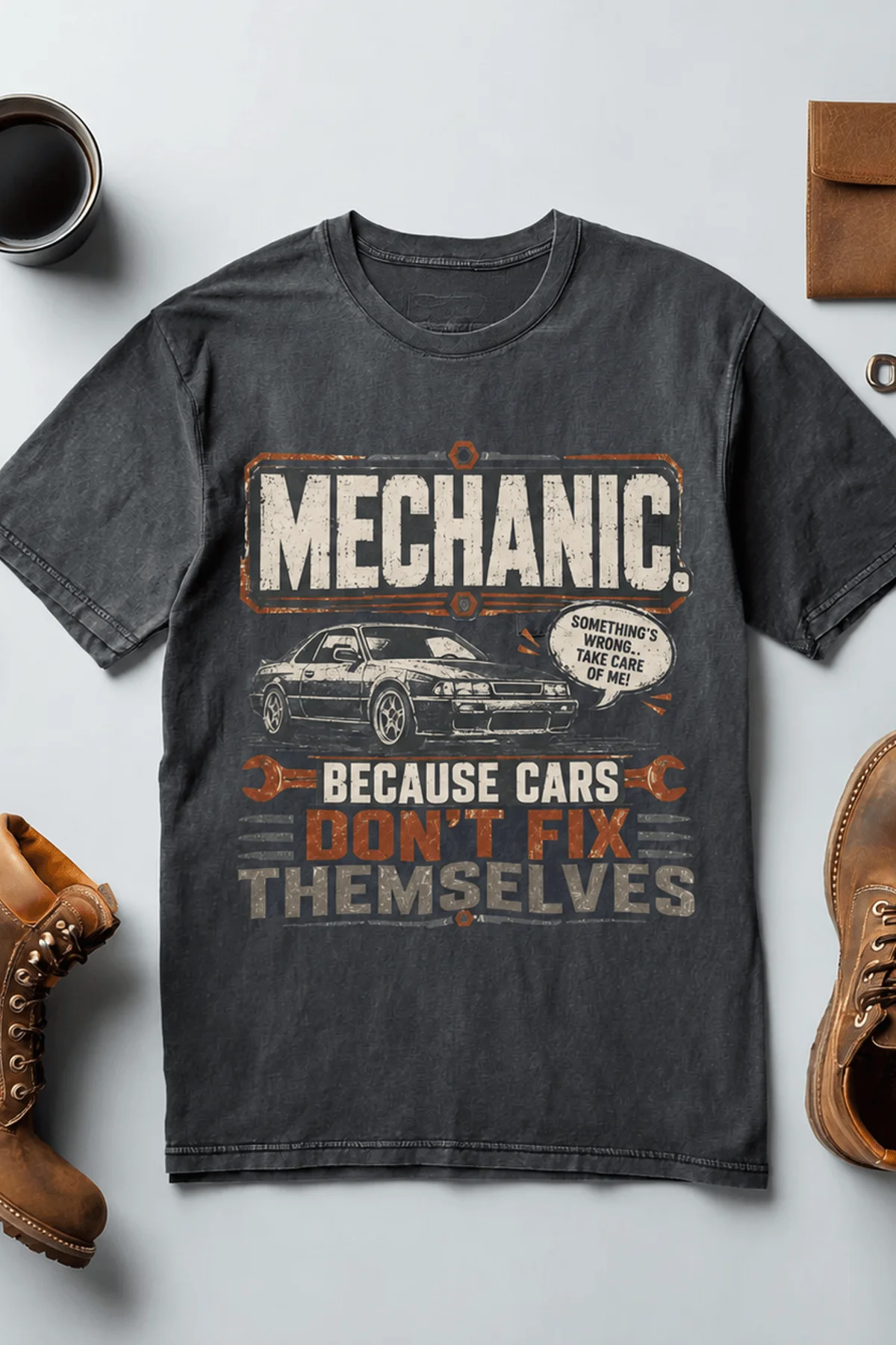 Mechanic Tee — "Mechanic. Because Cars Don't Fix Themselves" Funny Vintage Auto Technician Repair Shirt — navy t-shirt, flat-lay product photo | Pressure Tested Co