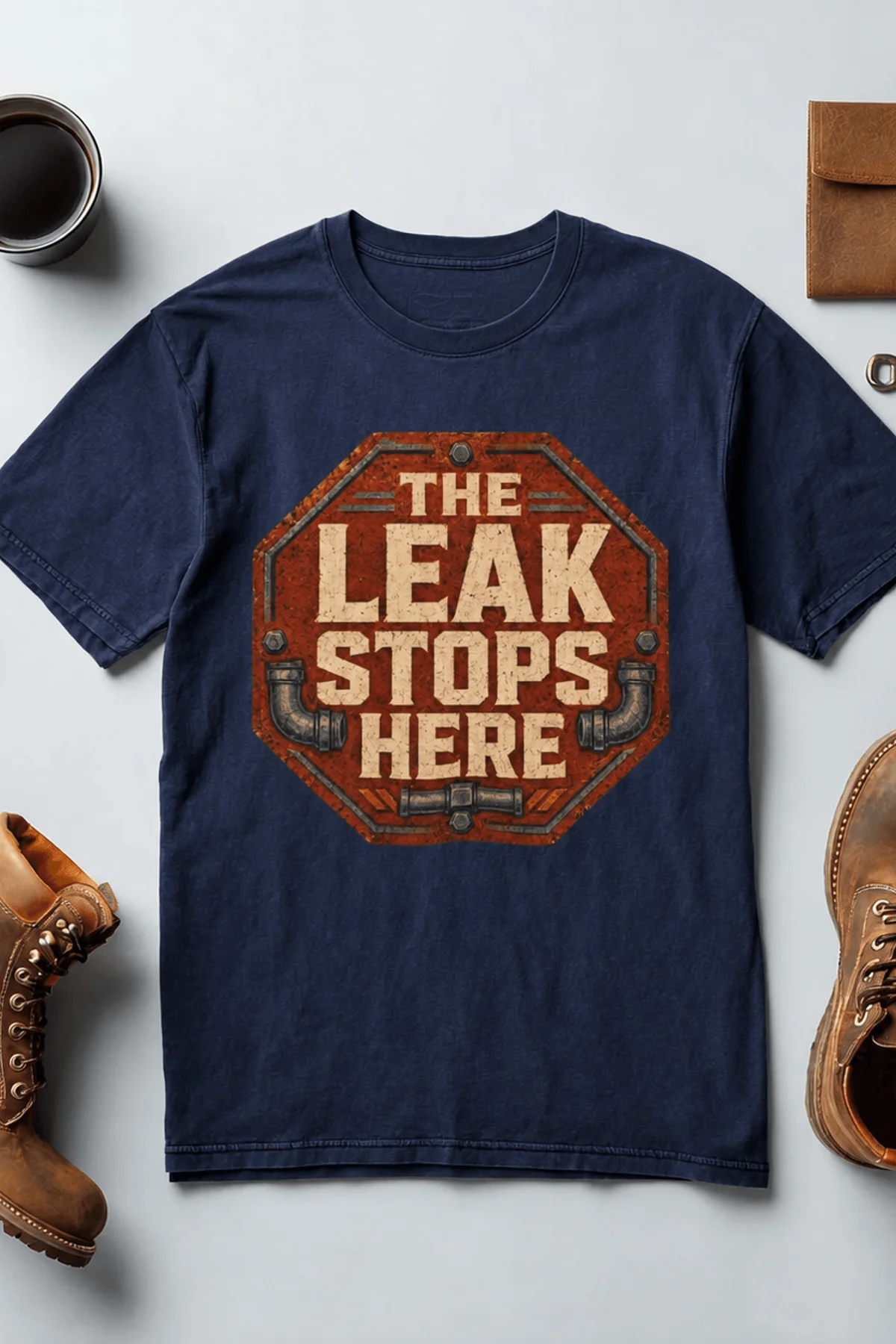 "The Leak Stops Here" Stop Sign Badge Style — Plumbing Repair Tech Humorous Tee — navy t-shirt, flat-lay product photo | Pressure Tested Co