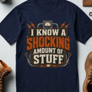 I Know A Shocking Amount Of Stuff T-Shirt — Electrician Science Humorous Tee — navy t-shirt, flat-lay product photo | Pressure Tested Co