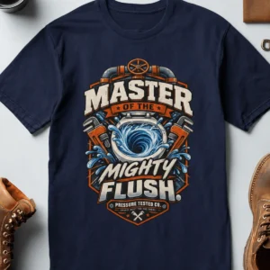 Master of the Mighty Flush T-Shirt — Plumber/Funny Toilet Repair Tee — navy t-shirt, flat-lay product photo | Pressure Tested Co