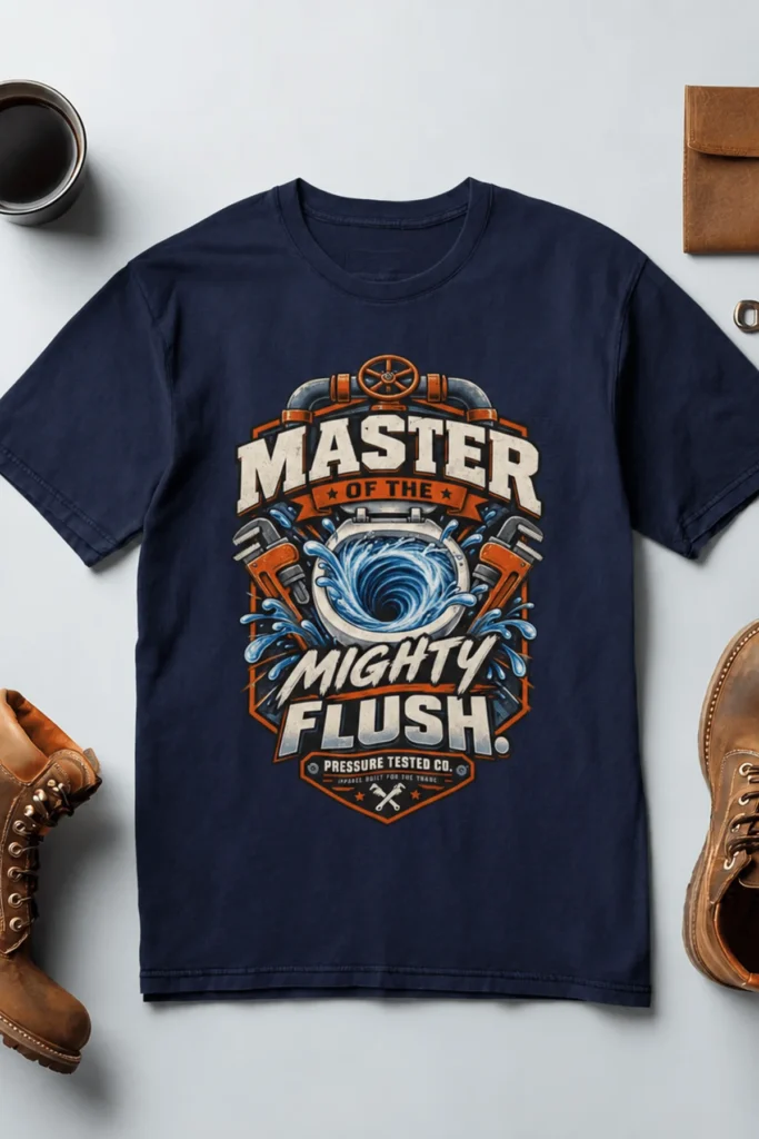 Master of the Mighty Flush T-Shirt — Plumber/Funny Toilet Repair Tee — navy t-shirt, flat-lay product photo | Pressure Tested Co