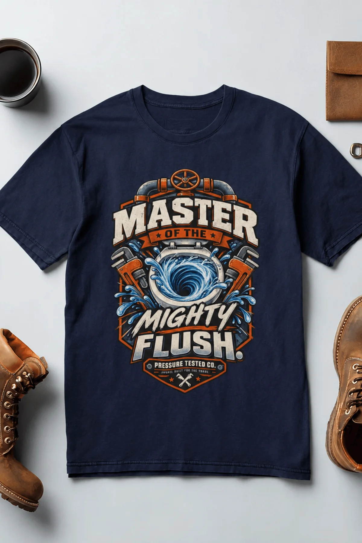 Master of the Mighty Flush T-Shirt — Plumber/Funny Toilet Repair Tee — navy t-shirt, flat-lay product photo | Pressure Tested Co