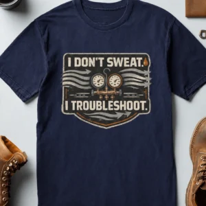 HVAC Tech T-Shirt – "I Don't Sweat. I Troubleshoot." Retro Tech Shirt — navy t-shirt, flat-lay product photo | Pressure Tested Co