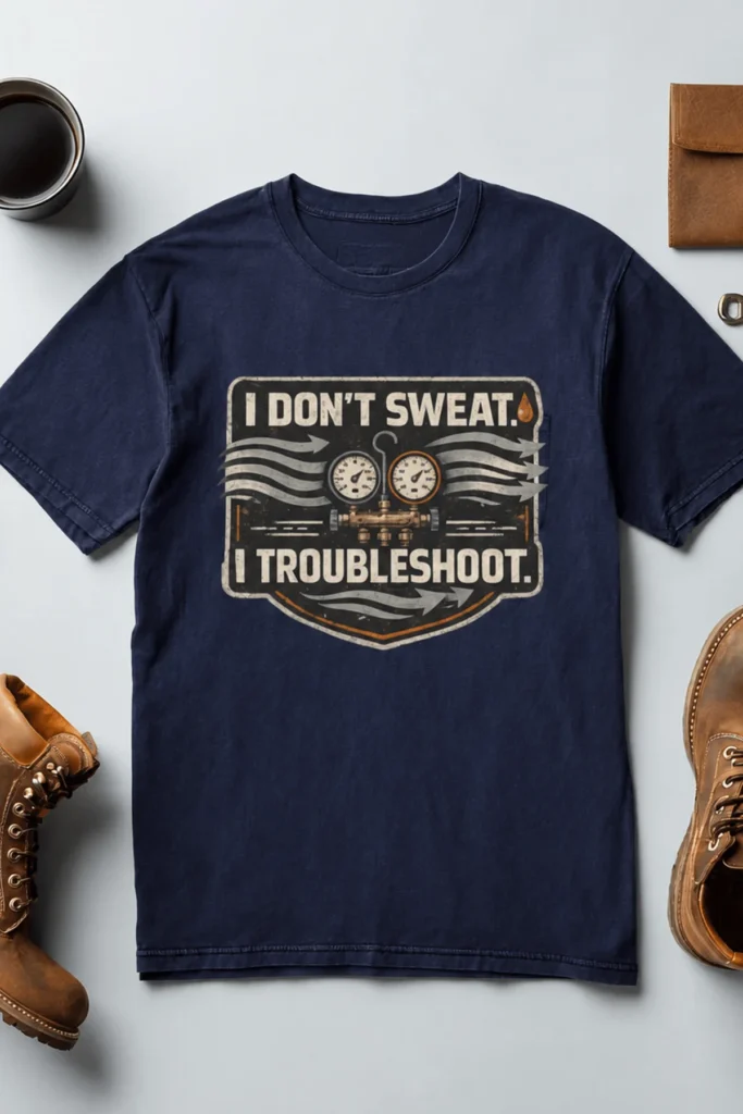 HVAC Tech T-Shirt – "I Don't Sweat. I Troubleshoot." Retro Tech Shirt — navy t-shirt, flat-lay product photo | Pressure Tested Co