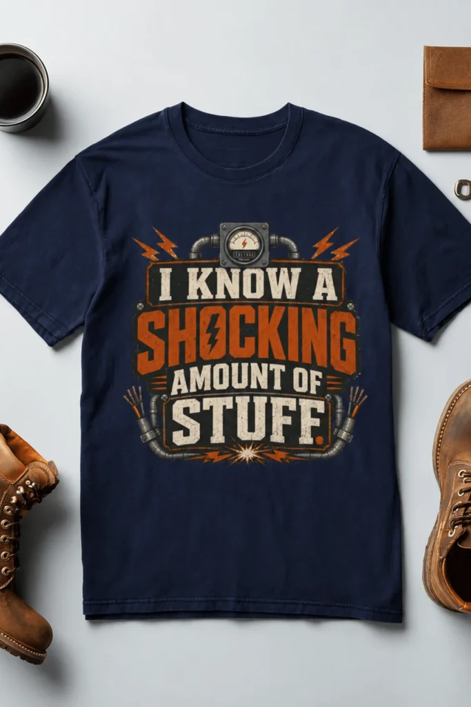 I Know A Shocking Amount Of Stuff T-Shirt — Electrician Science Humorous Tee — navy t-shirt, flat-lay product photo | Pressure Tested Co