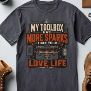 T-Shirt — "My Toolbox Has More Sparks Than Your Love Life" Electrician/Mechanic Workshop Tee — navy t-shirt, flat-lay product photo | Pressure Tested Co