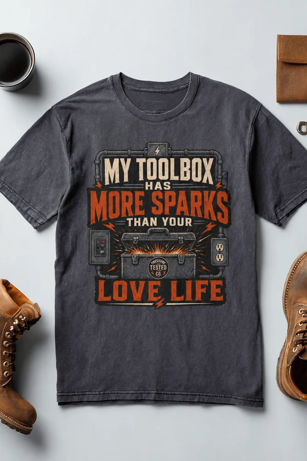 T-Shirt — "My Toolbox Has More Sparks Than Your Love Life" Electrician/Mechanic Workshop Tee — navy t-shirt, flat-lay product photo | Pressure Tested Co