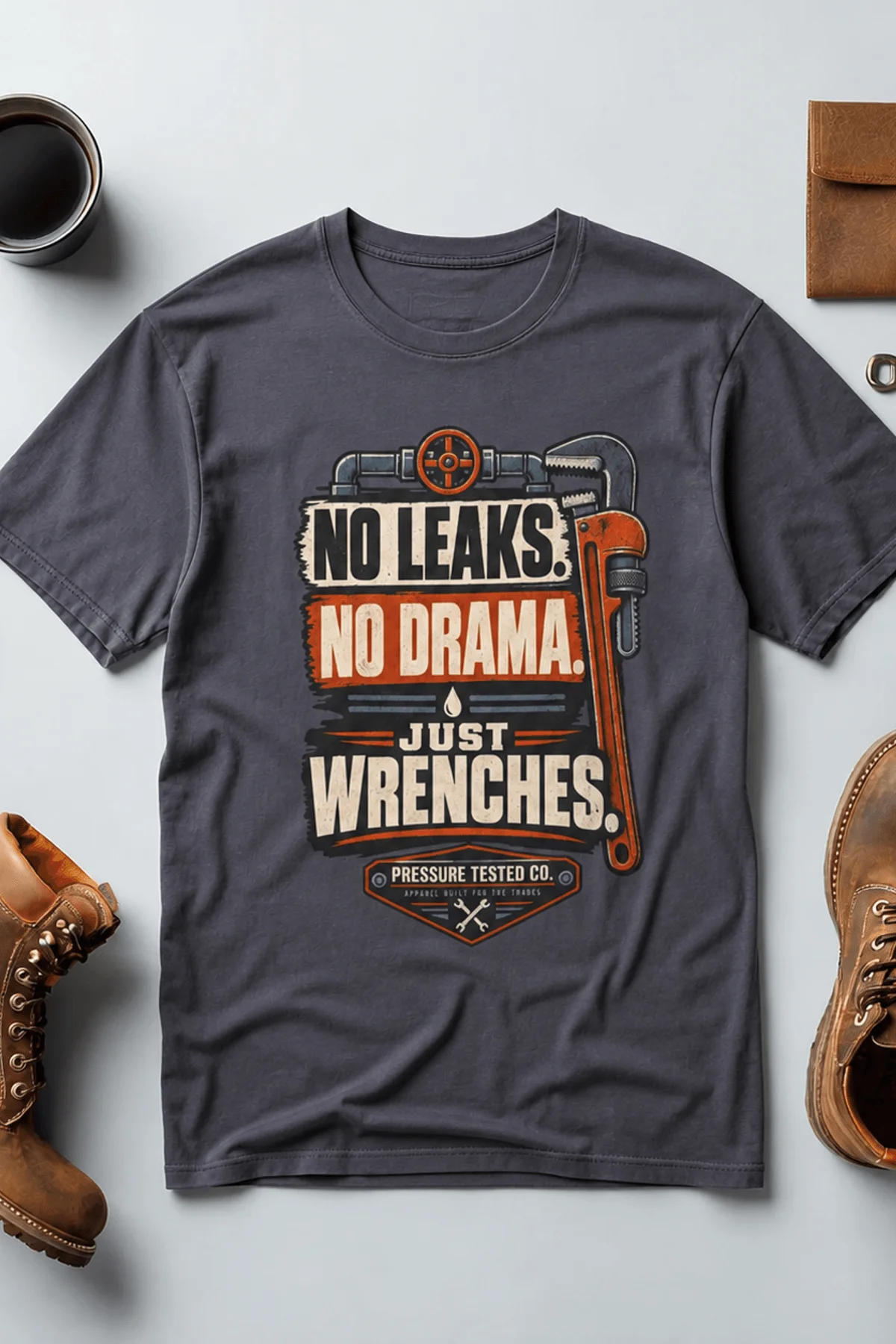 "No Leaks, No Drama, Just Wrenches" Vintage Plumbing Tee — navy t-shirt, flat-lay product photo | Pressure Tested Co
