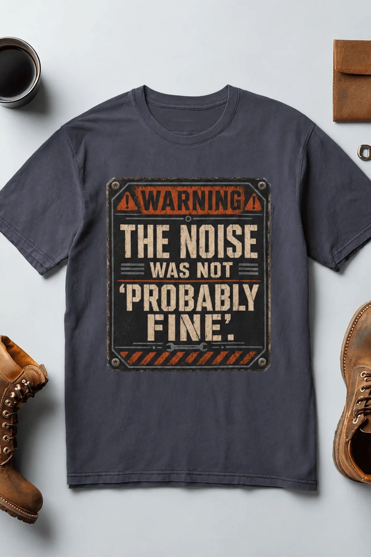 Warning Sign T-Shirt — "The Noise Was Not 'Probably Fine'" Vintage Graphic Tee — navy t-shirt, flat-lay product photo | Pressure Tested Co