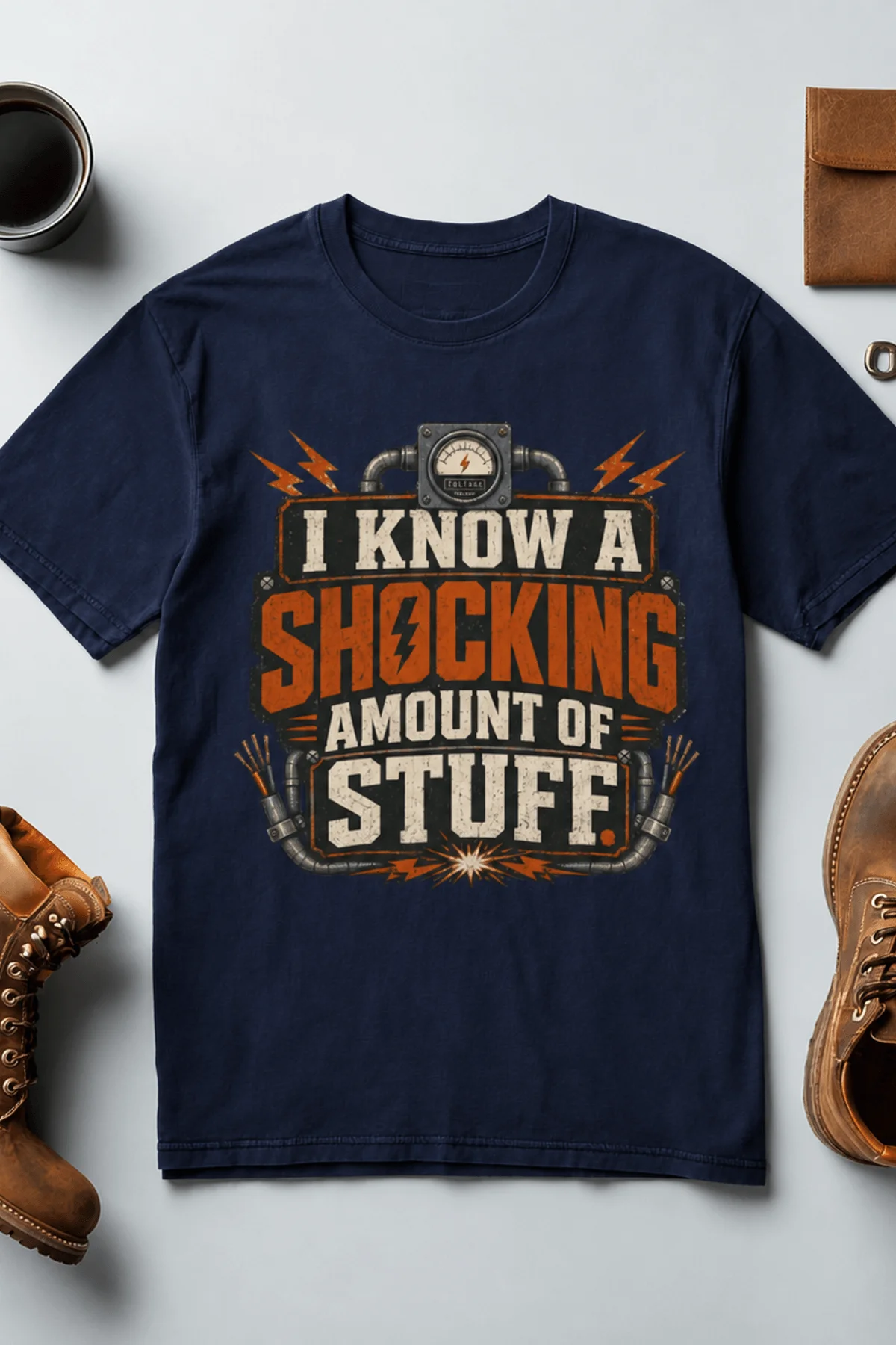 I Know A Shocking Amount Of Stuff T-Shirt — Electrician Science Humorous Tee — navy t-shirt, flat-lay product photo | Pressure Tested Co