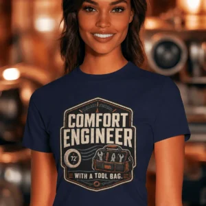HVAC Tech T-Shirt — "Comfort Engineer" Vintage Tee with a Tool Bag — navy t-shirt, model photo | Pressure Tested Co