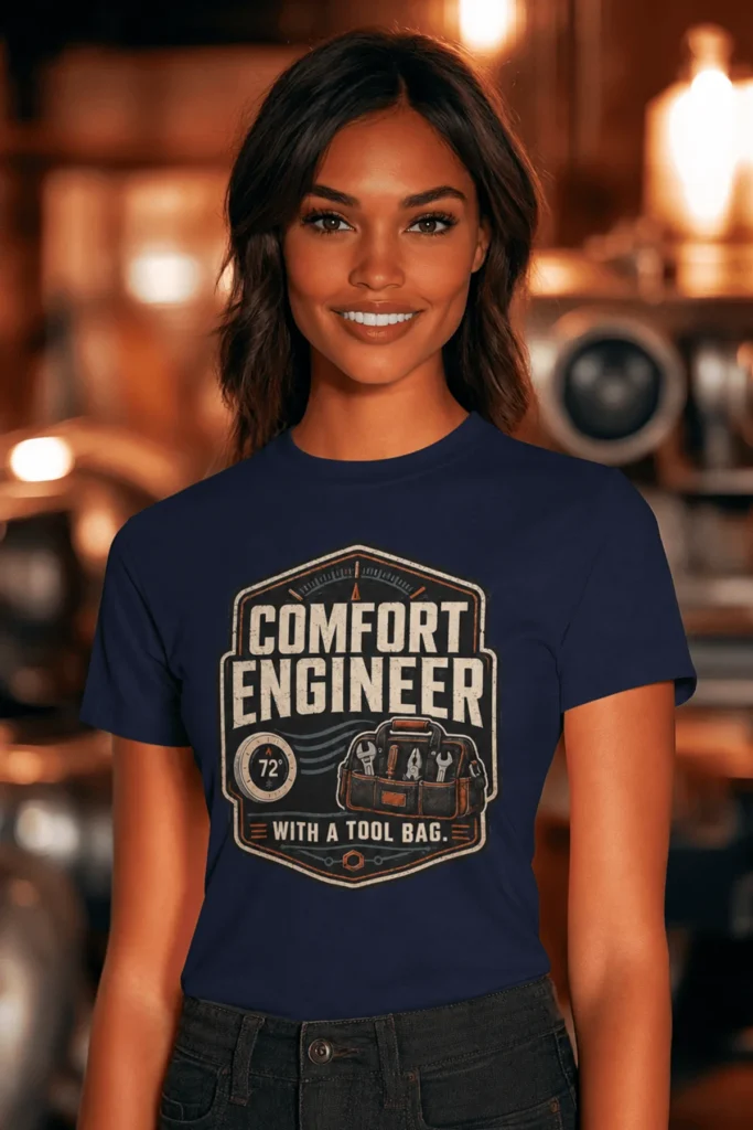 HVAC Tech T-Shirt — "Comfort Engineer" Vintage Tee with a Tool Bag — navy t-shirt, model photo | Pressure Tested Co