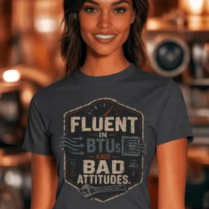 HVAC Tech T‑Shirt – "Fluent In BTUs And Bad Attitudes" — navy t-shirt, model photo | Pressure Tested Co