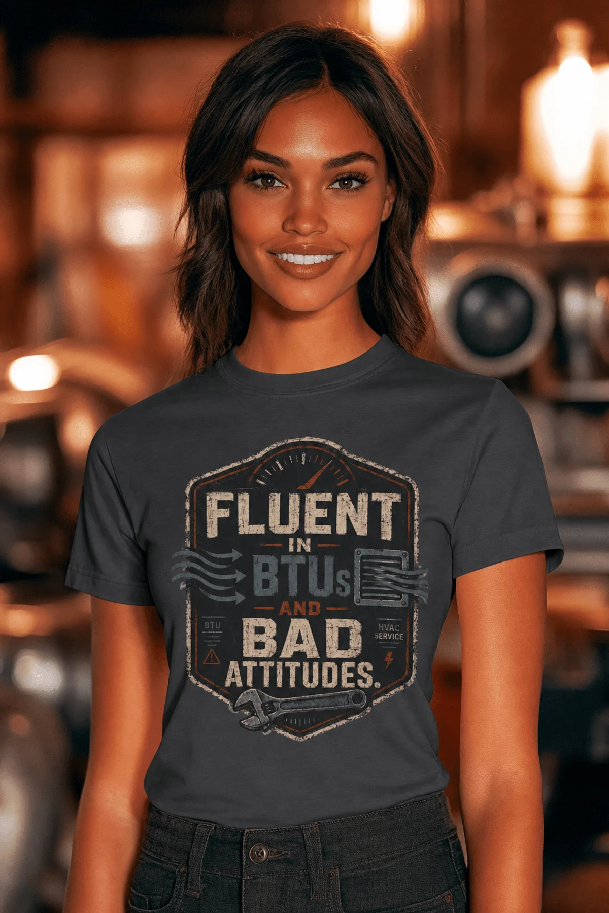 HVAC Tech T‑Shirt – "Fluent In BTUs And Bad Attitudes" — navy t-shirt, model photo | Pressure Tested Co