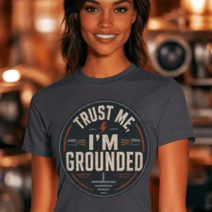 Grounded T‑Shirt – "Trust Me I'm Grounded" Electrical Tech Tee — navy t-shirt, model photo | Pressure Tested Co