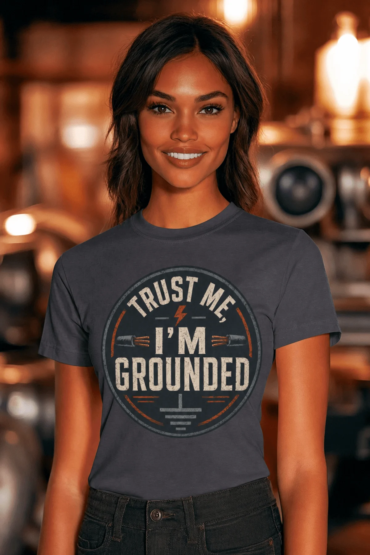 Grounded T‑Shirt – "Trust Me I'm Grounded" Electrical Tech Tee — navy t-shirt, model photo | Pressure Tested Co