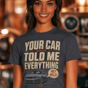 Mechanic T‑Shirt – "Your Car Told Me Everything" Vintage Graphic Design Tee — navy t-shirt, model photo | Pressure Tested Co