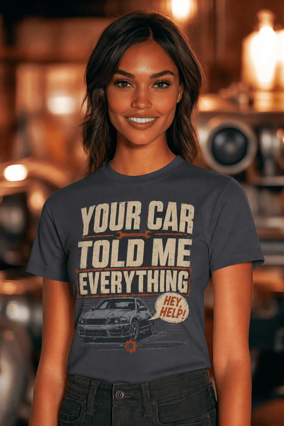 Mechanic T‑Shirt – "Your Car Told Me Everything" Vintage Graphic Design Tee — navy t-shirt, model photo | Pressure Tested Co