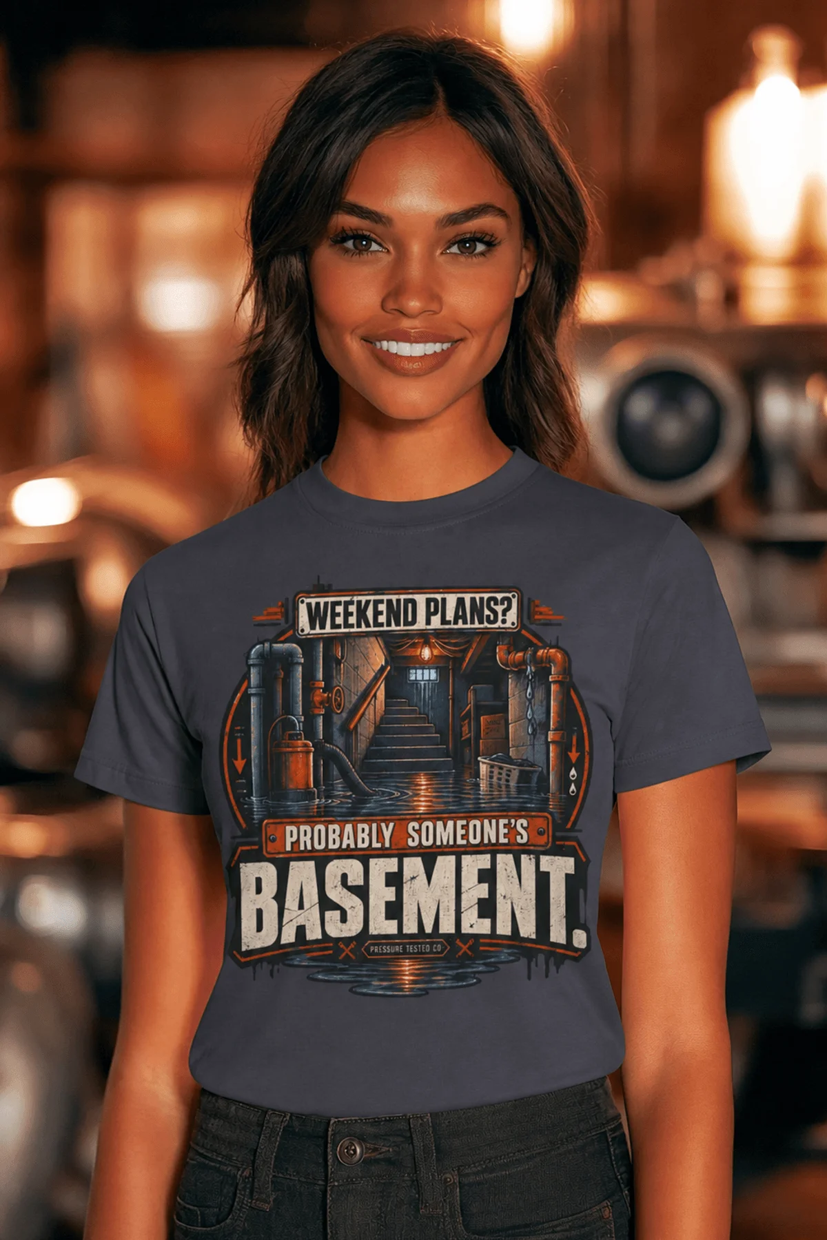 Plumber T‑Shirt – "Weekend Plans? Probably Someone's Basement" Vintage Graphic Design Tee — navy t-shirt, model photo | Pressure Tested Co