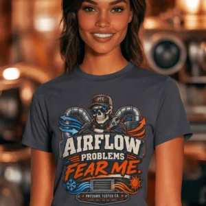 Airflow Problems Fear Me T-Shirt — HVAC Technician Skull Logo Tee — navy t-shirt, model photo | Pressure Tested Co