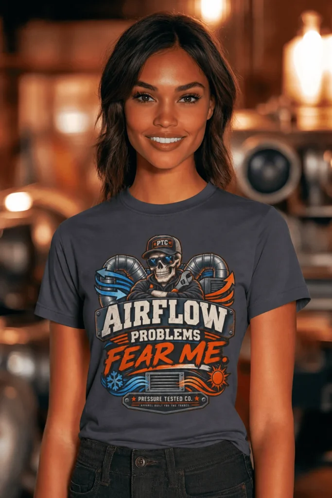 Airflow Problems Fear Me T-Shirt — HVAC Technician Skull Logo Tee — navy t-shirt, model photo | Pressure Tested Co