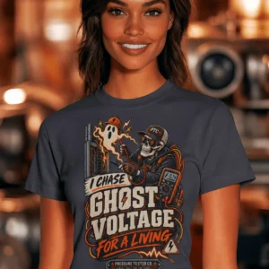 Ghost Voltage T-Shirt — 'I Chase Ghost Voltage for a Living' Vintage Electrician Tee — navy t-shirt, model photo | Pressure Tested Co