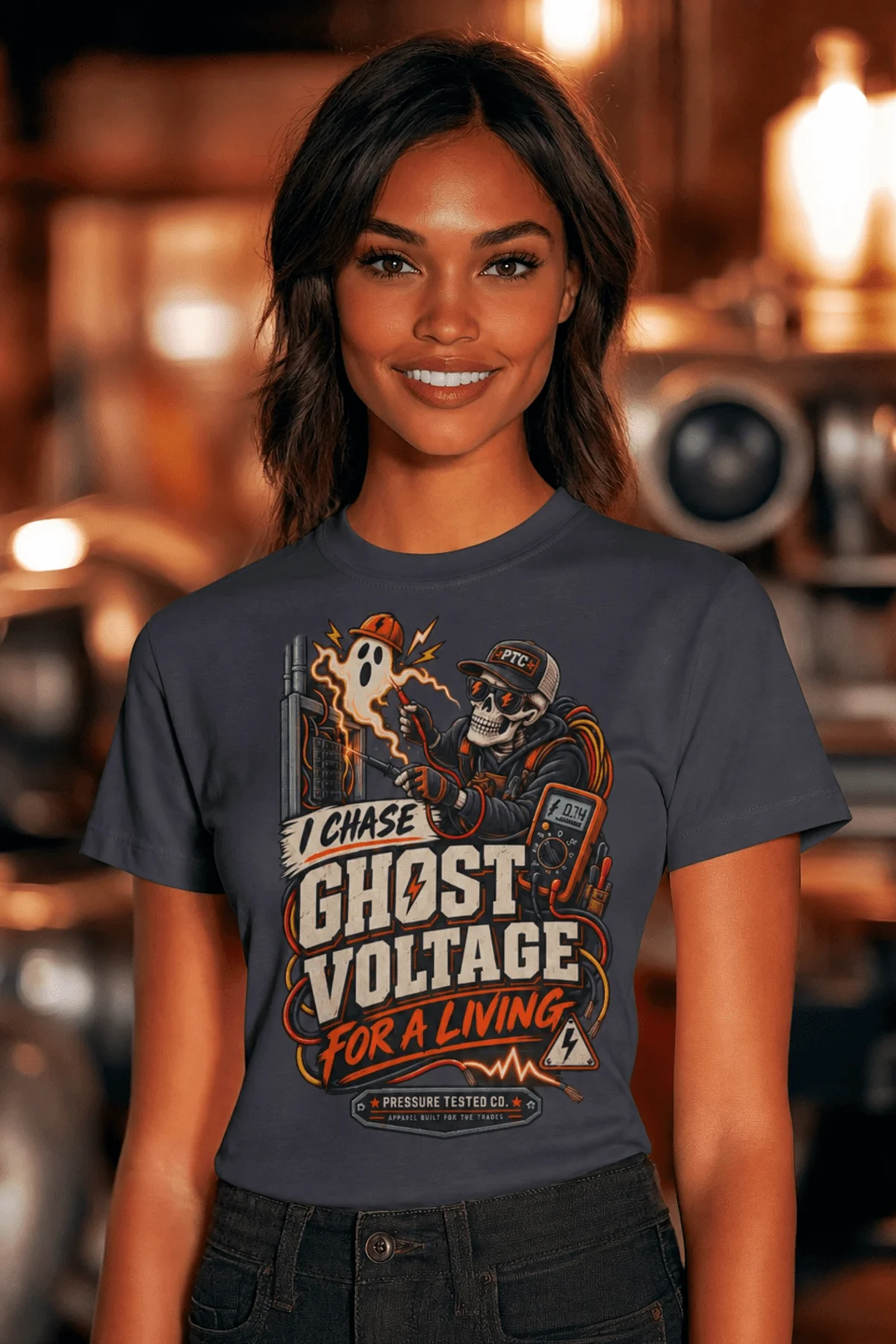 Ghost Voltage T-Shirt — 'I Chase Ghost Voltage for a Living' Vintage Electrician Tee — navy t-shirt, model photo | Pressure Tested Co