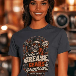 Mechanic Skull T-Shirt — "Fluent in Grease, Gears and Grumbling" Graphic Tee — navy t-shirt, model photo | Pressure Tested Co