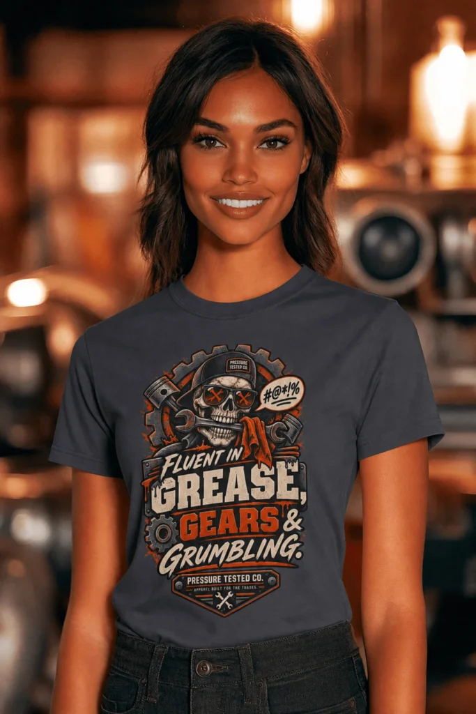 Mechanic Skull T-Shirt — "Fluent in Grease, Gears and Grumbling" Graphic Tee — navy t-shirt, model photo | Pressure Tested Co