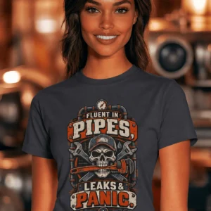 Plumber Skull T-Shirt — "Fluent in Pipes, Leaks and Panic" Workwear Tee — navy t-shirt, model photo | Pressure Tested Co