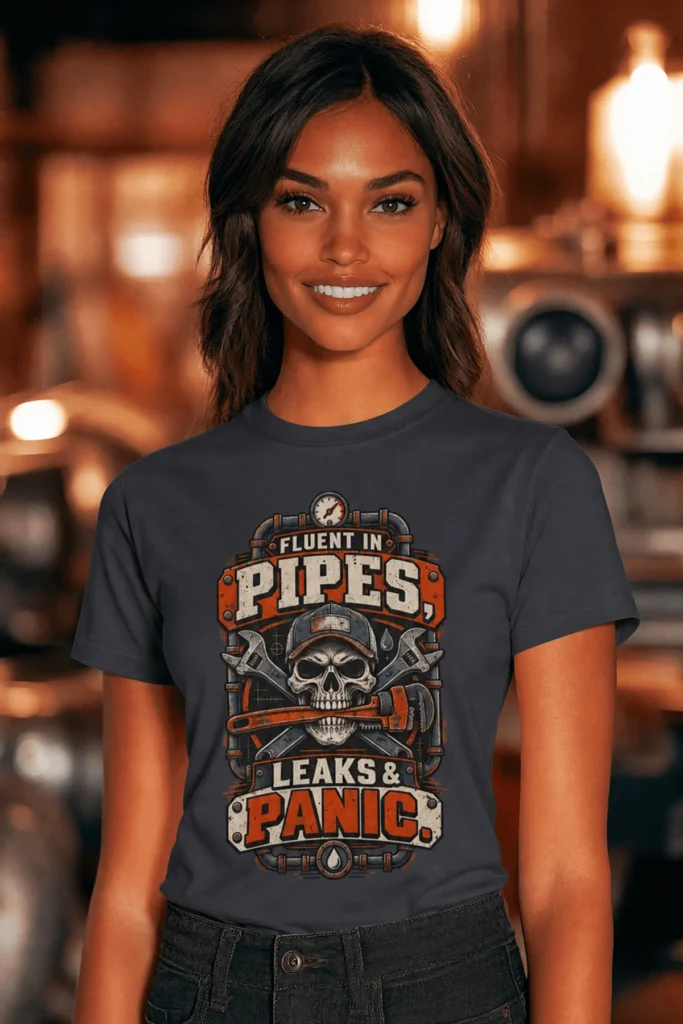Plumber Skull T-Shirt — "Fluent in Pipes, Leaks and Panic" Workwear Tee — navy t-shirt, model photo | Pressure Tested Co