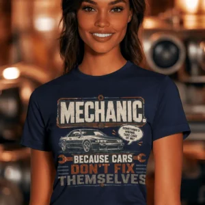 Mechanic Tee — "Mechanic. Because Cars Don't Fix Themselves" Funny Vintage Auto Technician Repair Shirt — navy t-shirt, model photo | Pressure Tested Co