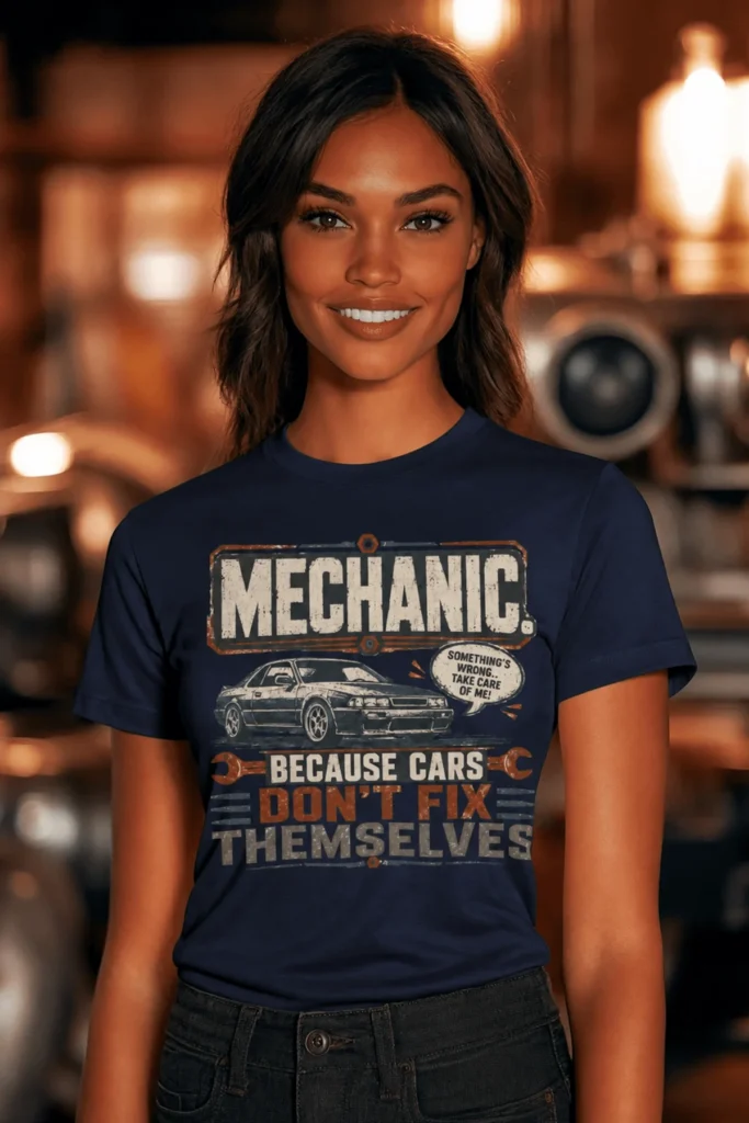 Mechanic Tee — "Mechanic. Because Cars Don't Fix Themselves" Funny Vintage Auto Technician Repair Shirt — navy t-shirt, model photo | Pressure Tested Co