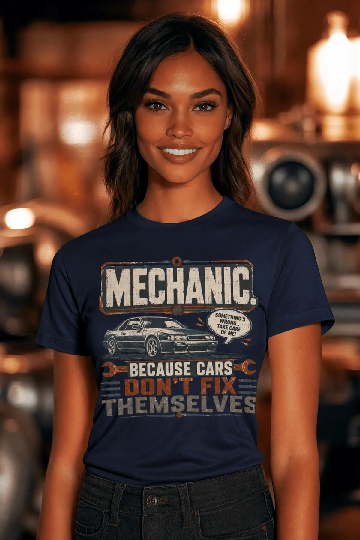 Mechanic Tee — "Mechanic. Because Cars Don't Fix Themselves" Funny Vintage Auto Technician Repair Shirt — navy t-shirt, model photo | Pressure Tested Co