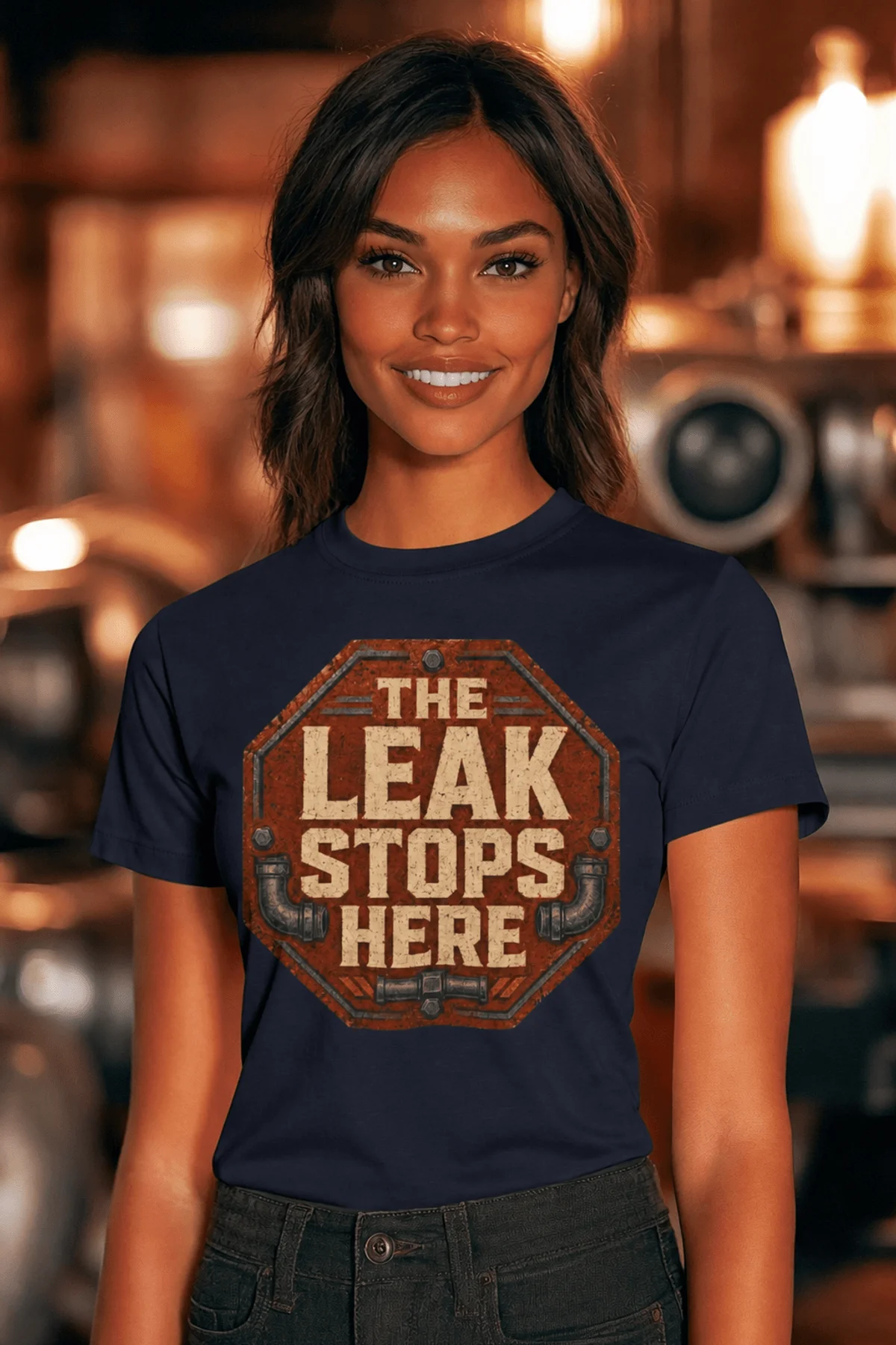 "The Leak Stops Here" Stop Sign Badge Style — Plumbing Repair Tech Humorous Tee — navy t-shirt, model photo | Pressure Tested Co