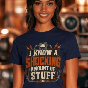 I Know A Shocking Amount Of Stuff T-Shirt — Electrician Science Humorous Tee — navy t-shirt, model photo | Pressure Tested Co