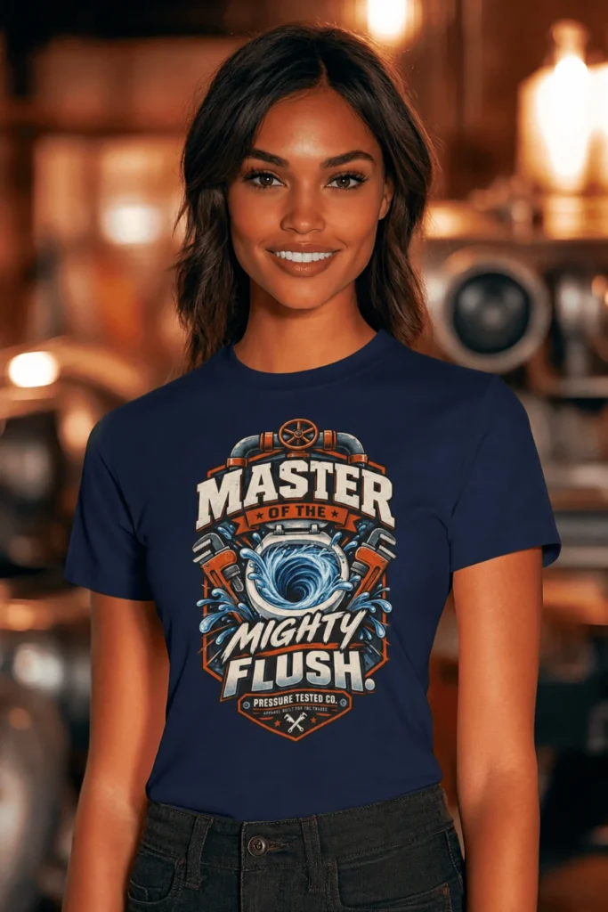 Master of the Mighty Flush T-Shirt — Plumber/Funny Toilet Repair Tee — navy t-shirt, model photo | Pressure Tested Co