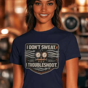 HVAC Tech T-Shirt – "I Don't Sweat. I Troubleshoot." Retro Tech Shirt — navy t-shirt, model photo | Pressure Tested Co