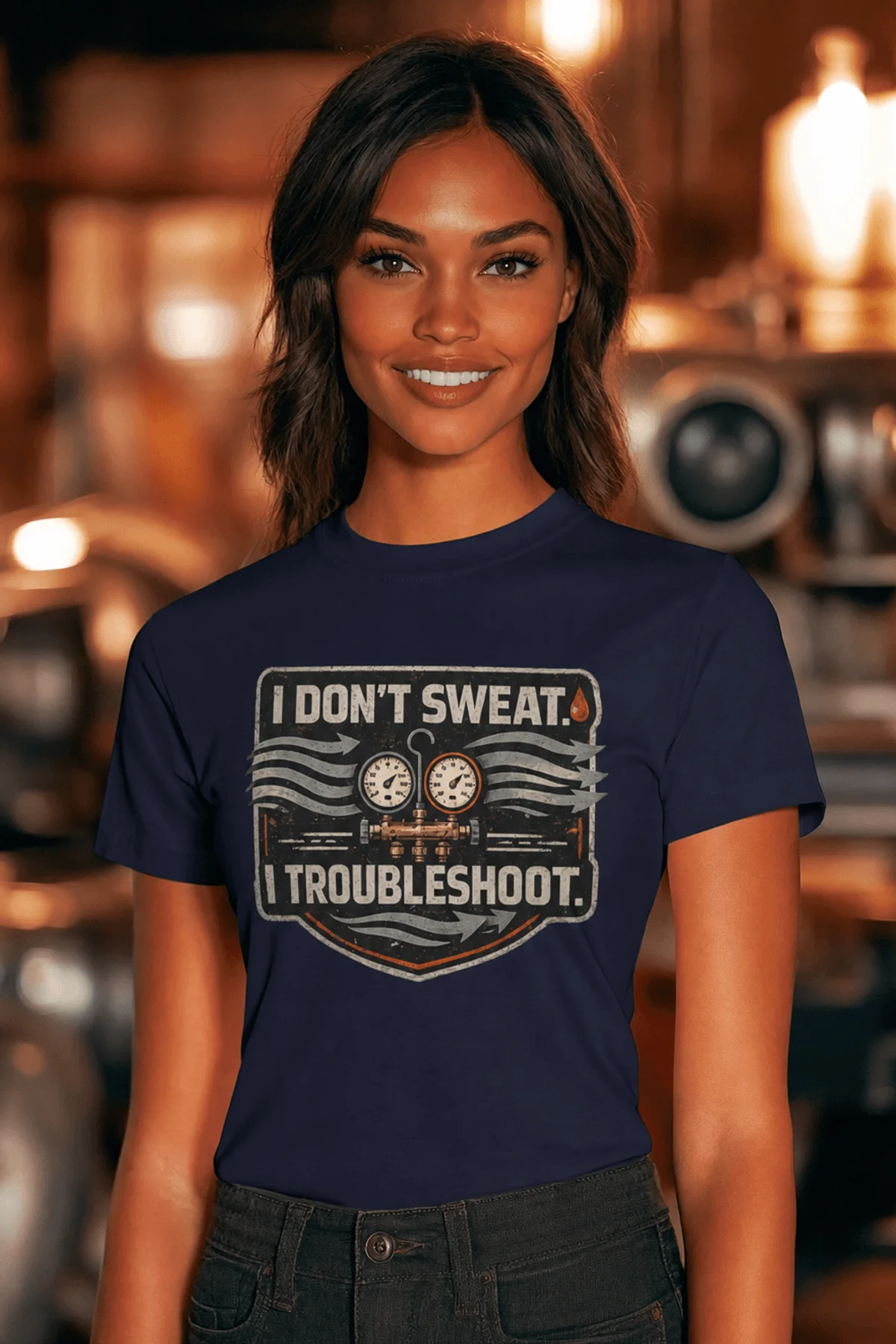HVAC Tech T-Shirt – "I Don't Sweat. I Troubleshoot." Retro Tech Shirt — navy t-shirt, model photo | Pressure Tested Co