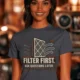 T-Shirt — "Filter First. Ask Questions Later." HVAC Air Filter Graphic — navy t-shirt, model photo | Pressure Tested Co